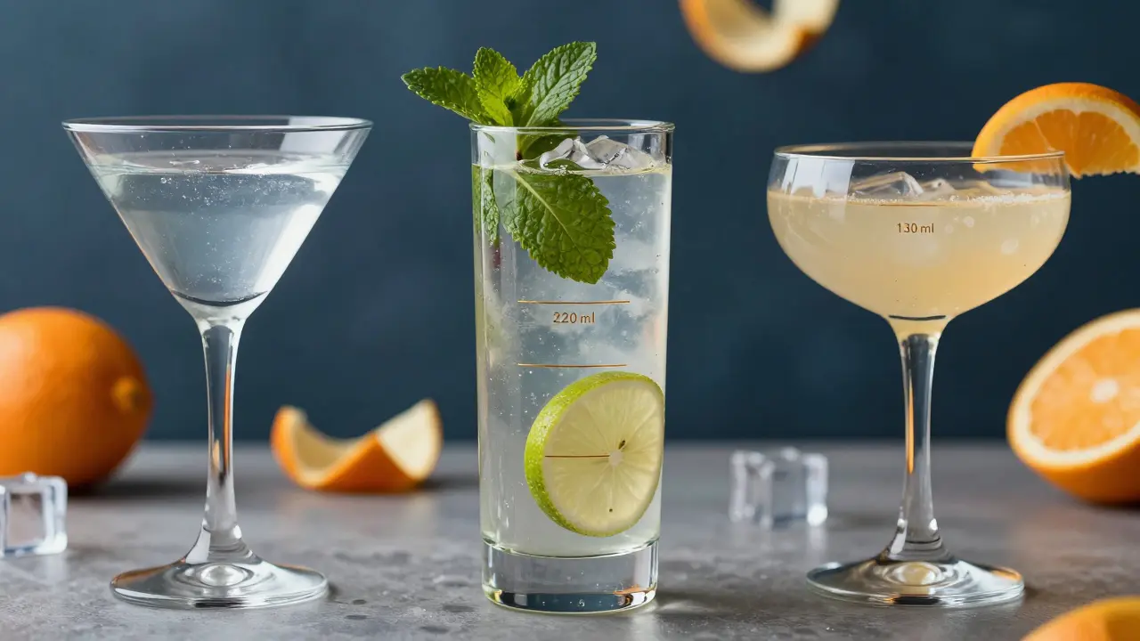 Three cocktail glasses side by side, each showing the ideal serving level with precise volume.