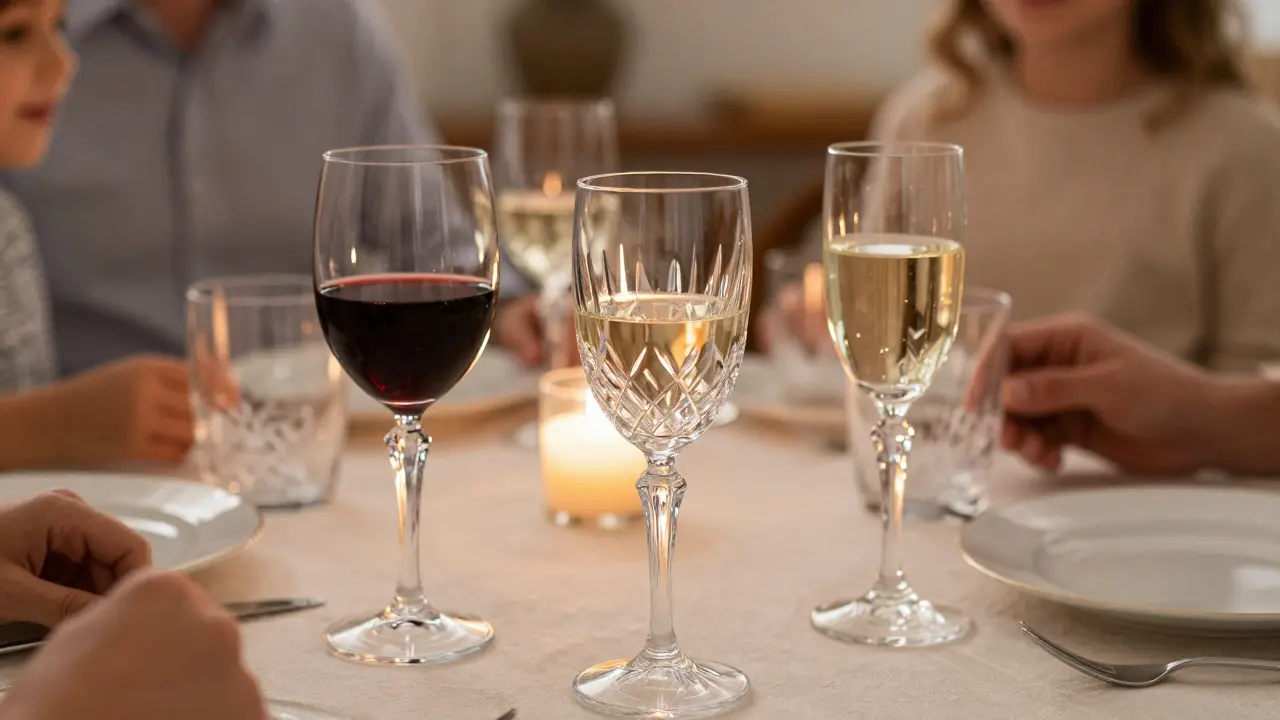 Tres copas de cristal elegantes sobre una mesa de cena, iluminadas por velas, mientras otras copas comunes están fuera de foco.