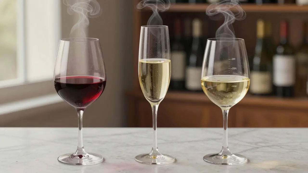 Tres copas de vino diferentes con niveles exactos: tinto, espumoso y blanco.