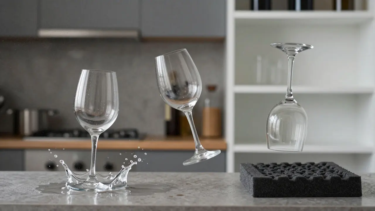 Tres copas de vino en el aire, una en riesgo de caer, otra protegida y otra en reposo, con fondo dividido entre cocina húmeda y estantería seca.