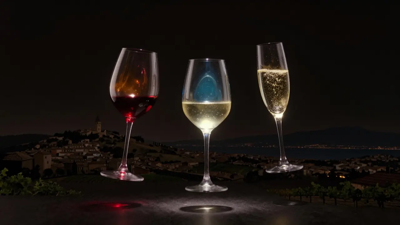 Tres copas de vino flotando en la oscuridad, iluminadas por luces de colores que representan tinto, blanco y espumoso.
