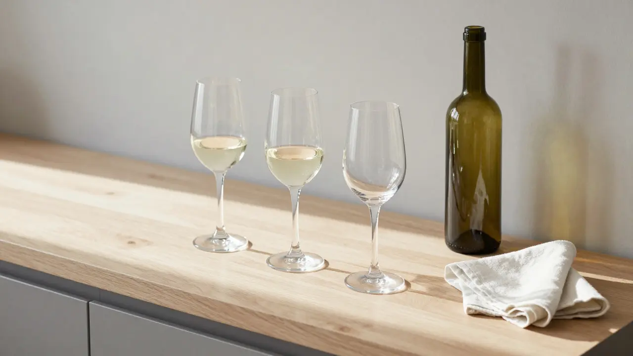 Tres copas esenciales de vino alineadas en una encimera española, con luz natural y una botella abierta.