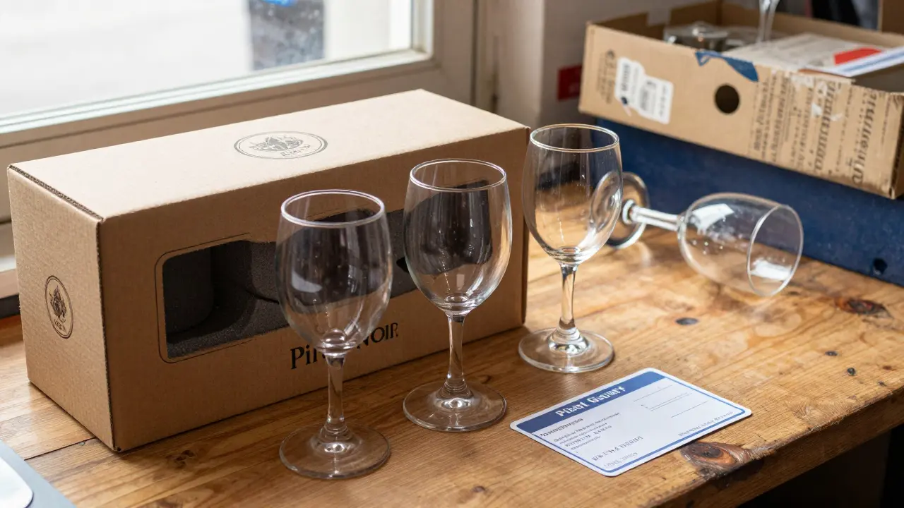 Tres copas Riedel en su caja original con tarjeta de garantía, junto a una imitación descartada en un mercado.