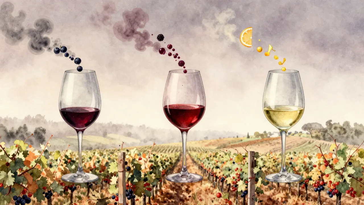 Tres copas Riedel flotando con nubes de aromas distintos: bayas, cítricos y flores, sobre fondo de viñedos.