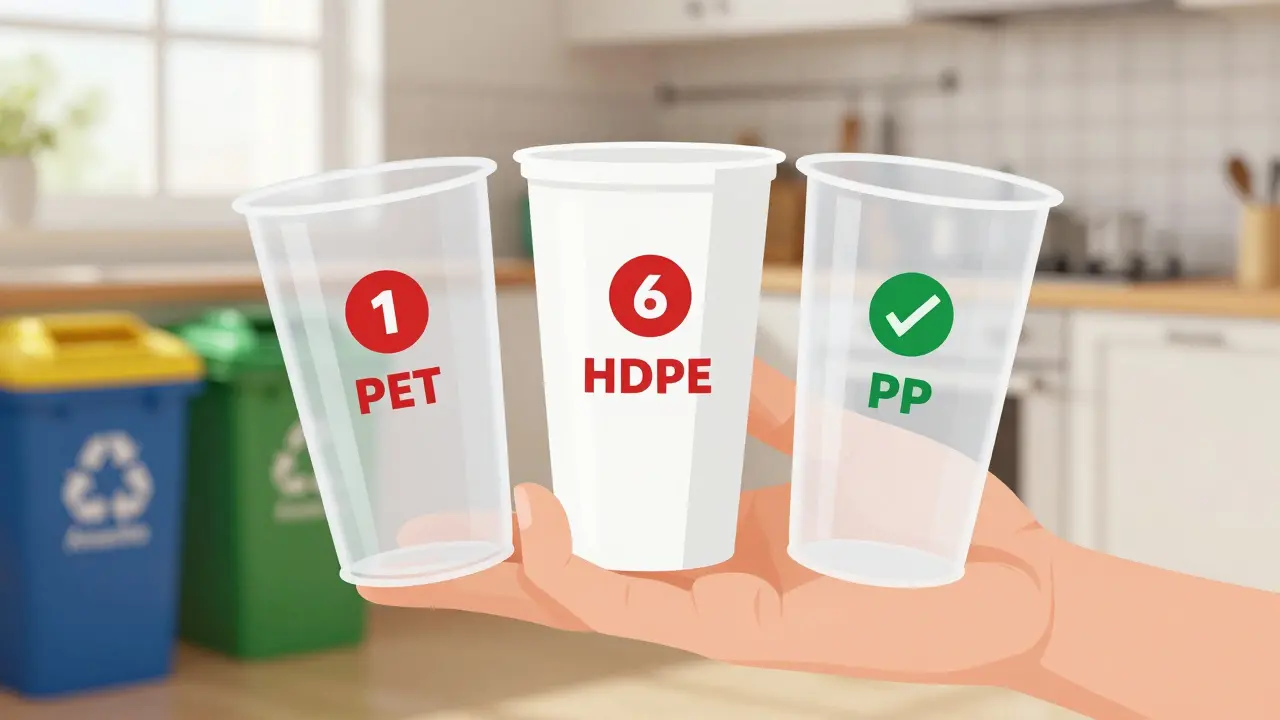 Tres vasos de plástico comparados: #1, #2 y #5, con señales de advertencia y verificación.