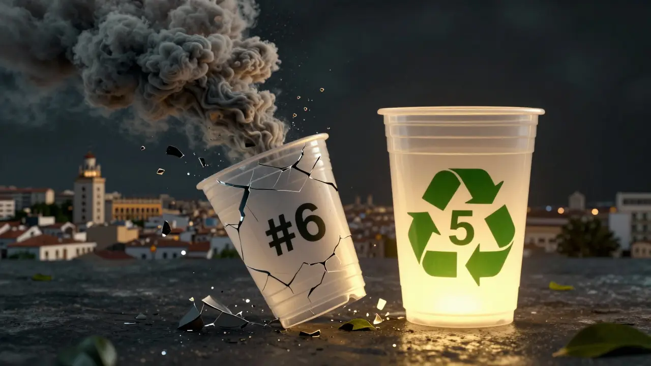 Vaso #6 rompiéndose en nubes tóxicas mientras un vaso #5 brilla como símbolo de seguridad.