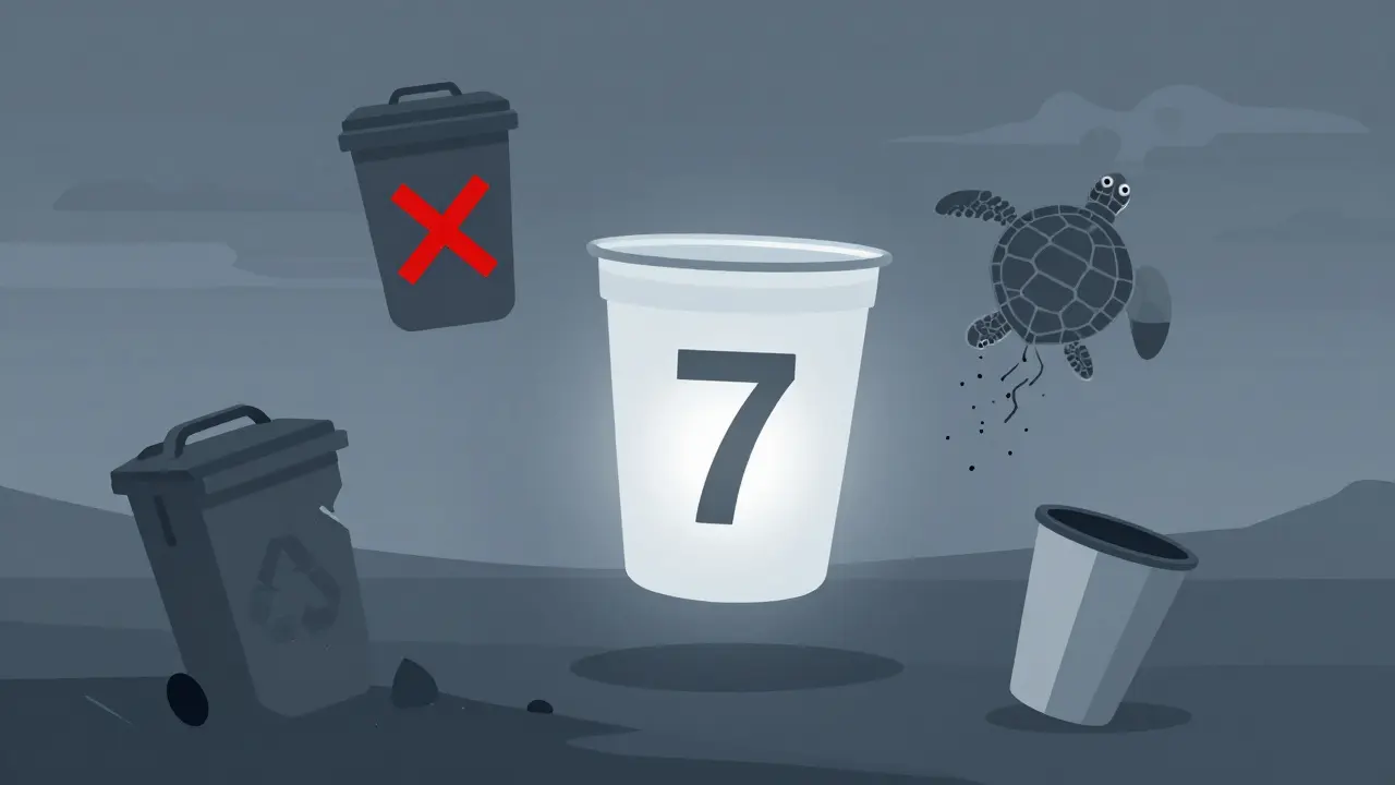 Vaso con número 7 rodeado de símbolos ambientales: vertedero, mar, y taza reutilizable.