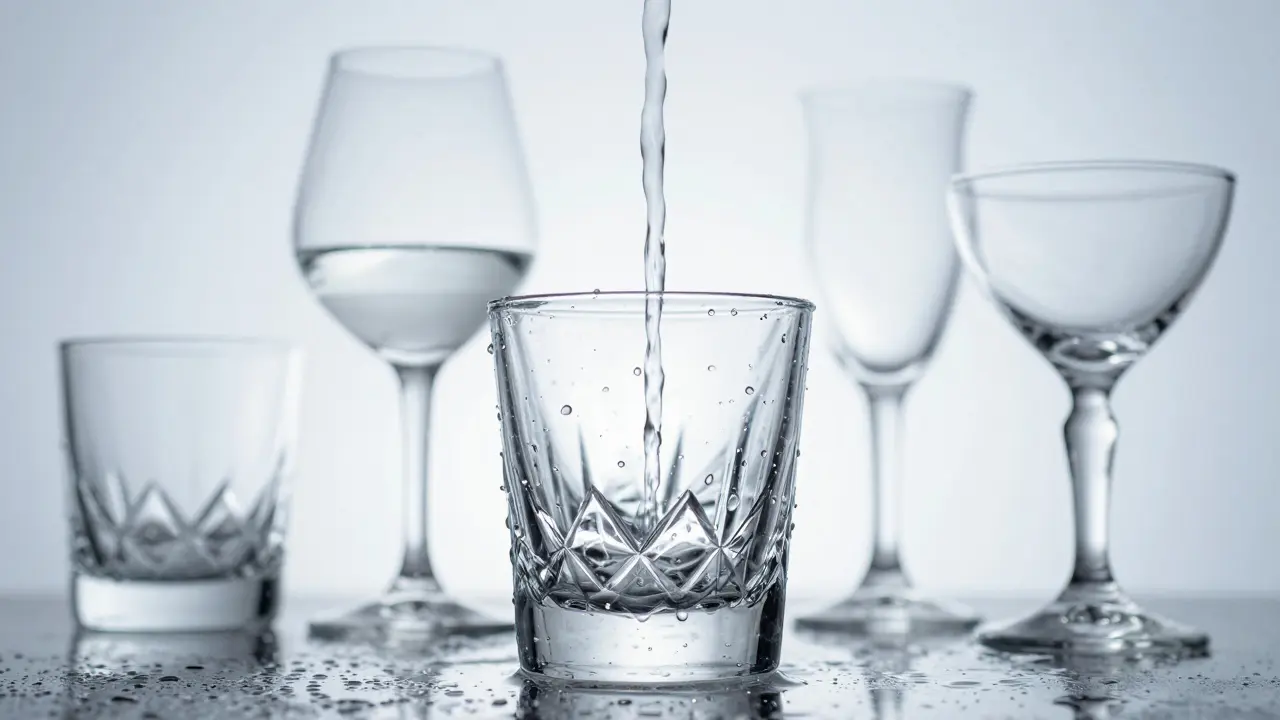 Vaso de cristal limpiándose con agua, mientras se perfilan las formas de vasos de licor en el fondo.