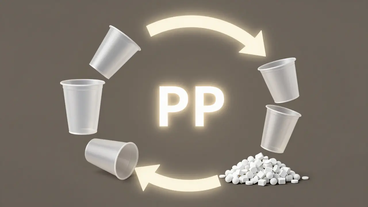 Vaso de polipropileno en ciclo de reutilización y reciclaje, representado por rayos de luz formando una flecha circular.