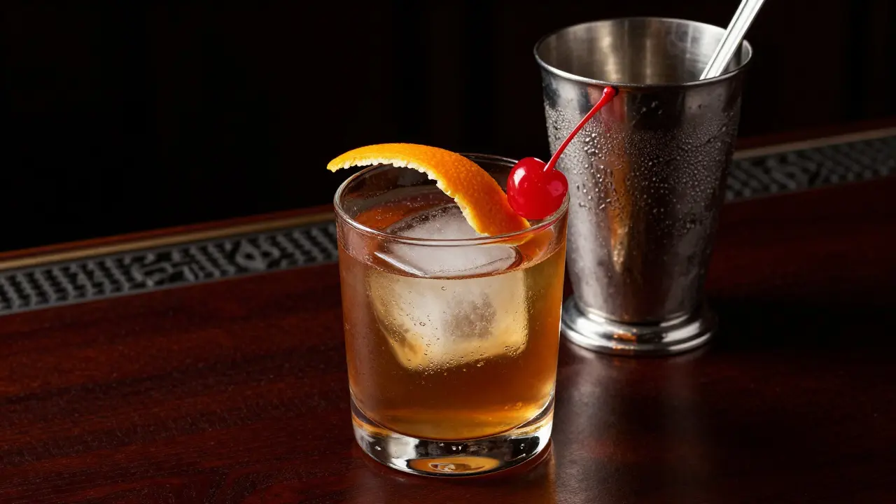 Vaso rocks con cóctel y hielo, junto a un julep cup con condensación y una cuchara de bar.