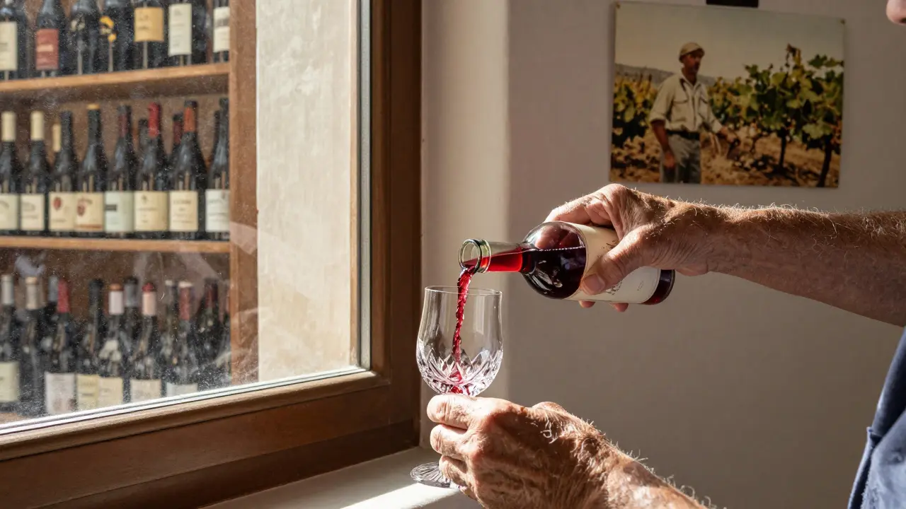 Vino artesanal servido en copa de cristal en una bodega familiar con historia.
