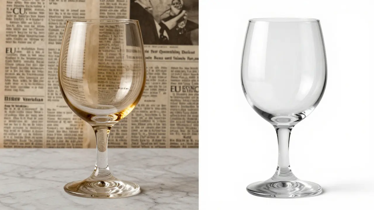 Comparación visual de una copa Riedel antigua con plomo y una moderna sin plomo, sobre mármol con papeles antiguos de fondo.