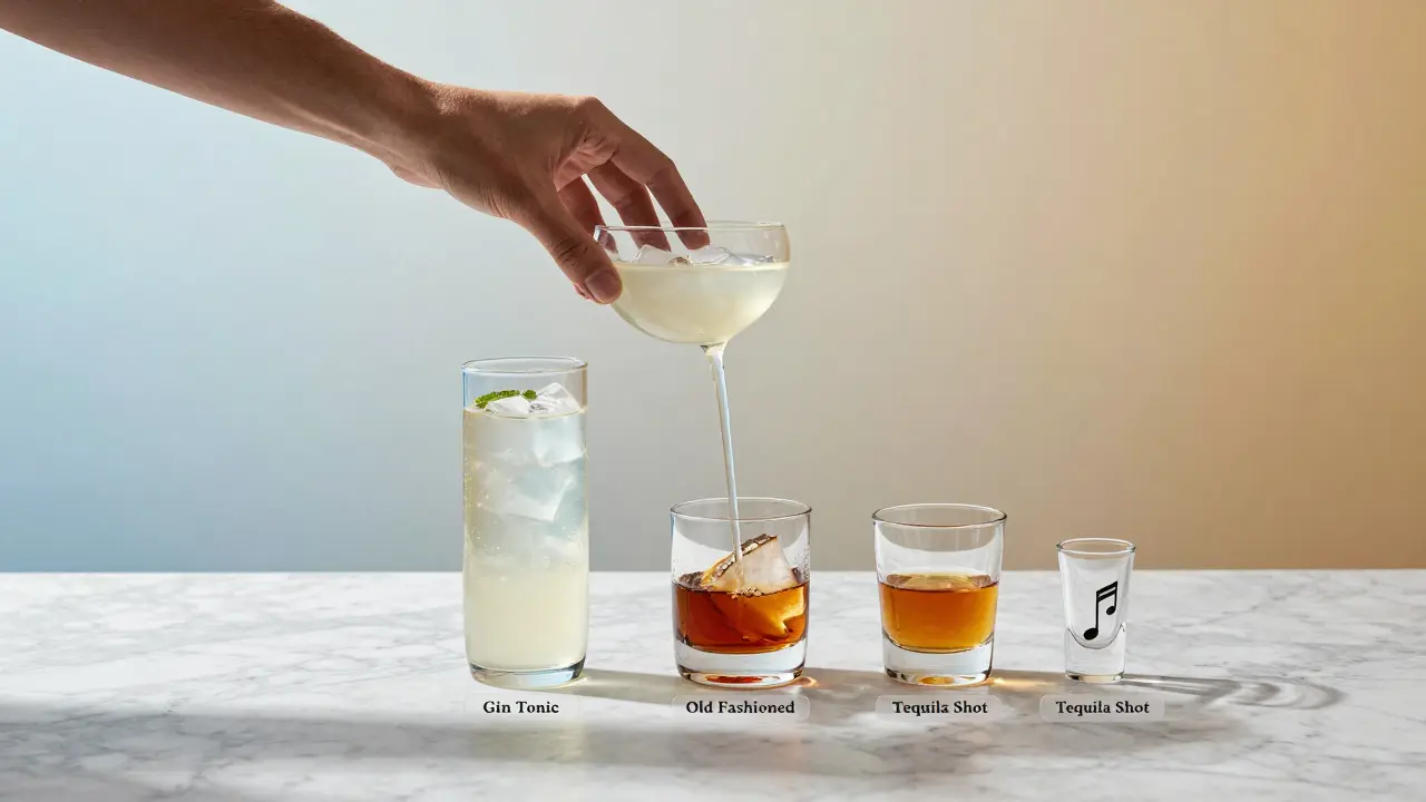 Copa de cóctel junto a otros vasos en fila, simbolizando la elección correcta para cada trago.