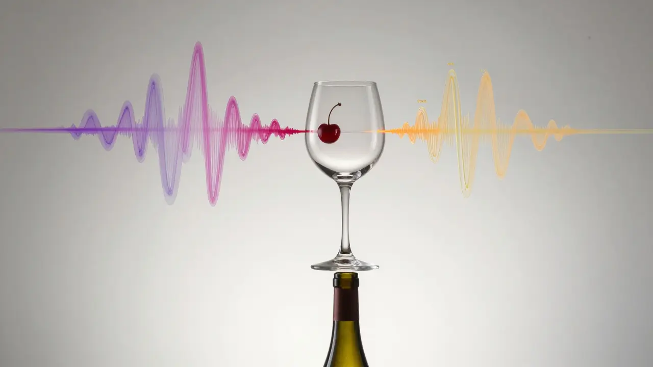Copa de vino en forma de instrumento musical, con ondas de color que representan sabores, transparente y elegante, flotando sobre una botella.