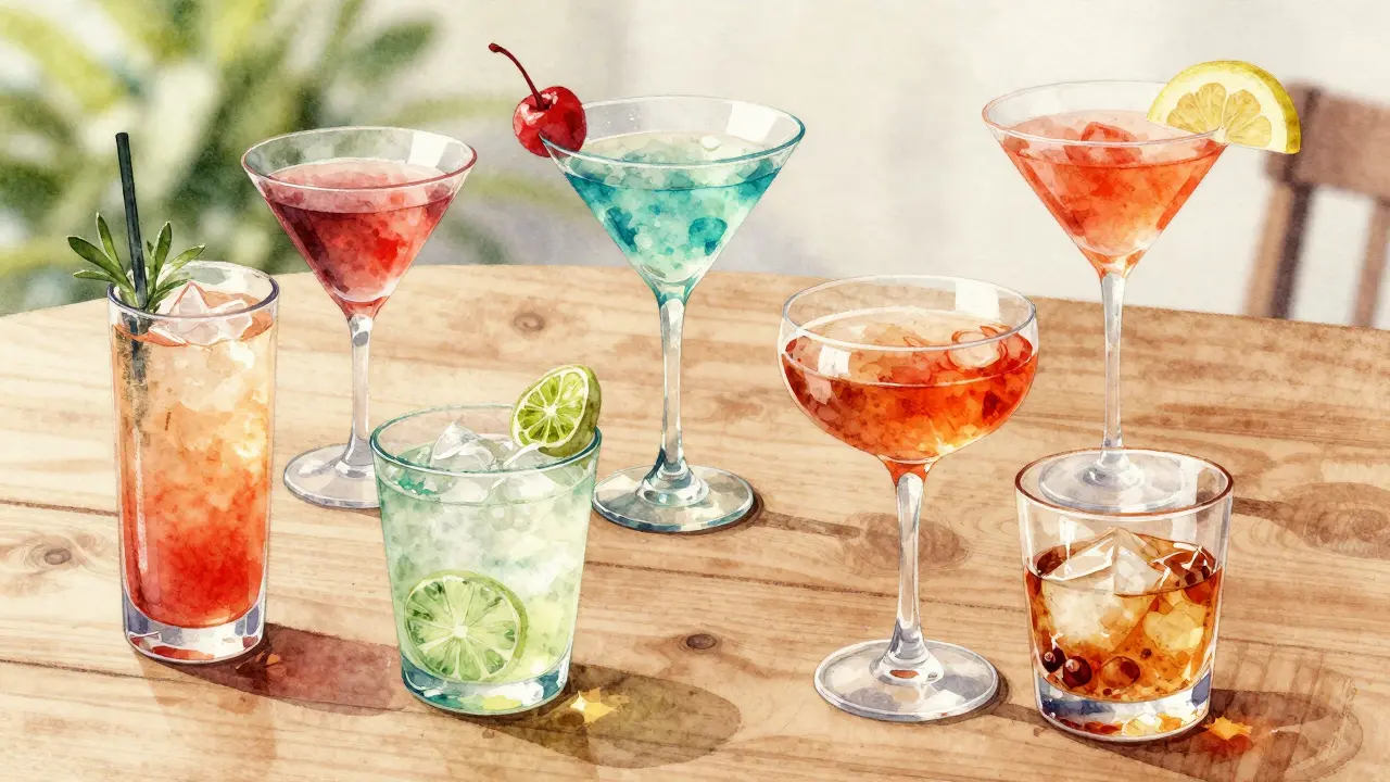 Diferentes vasos para cócteles con sus bebidas correspondientes en mesa de madera.