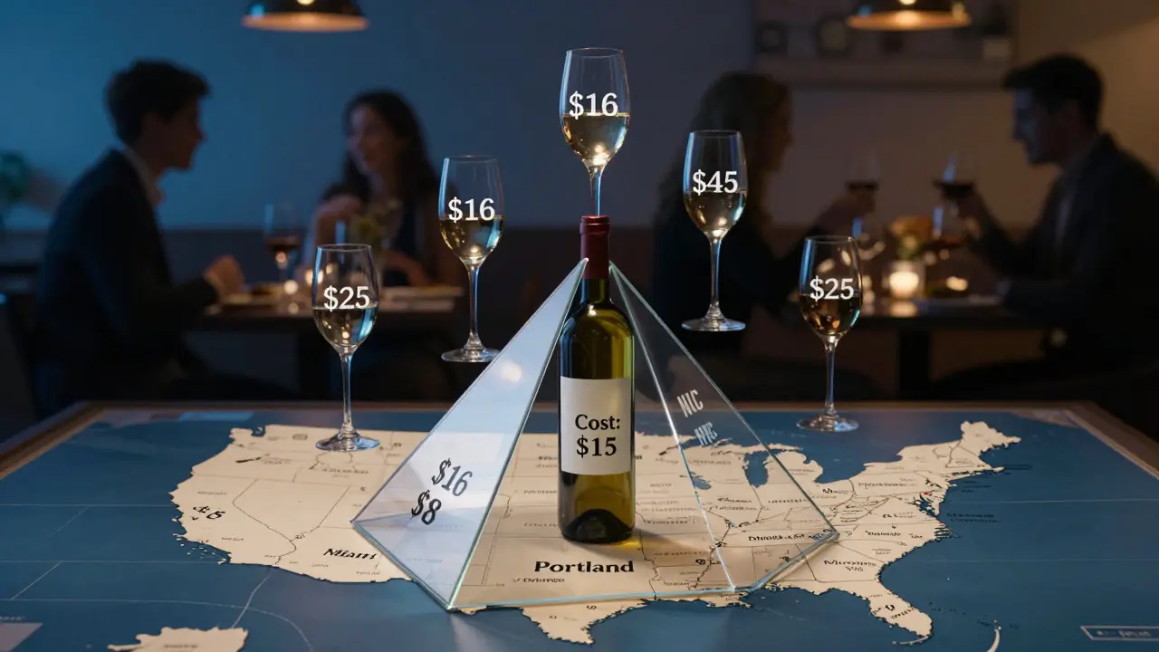 Pirámide de cristal flotante sobre EE.UU. con precios de vino en cada cara y copas que aumentan en valor.