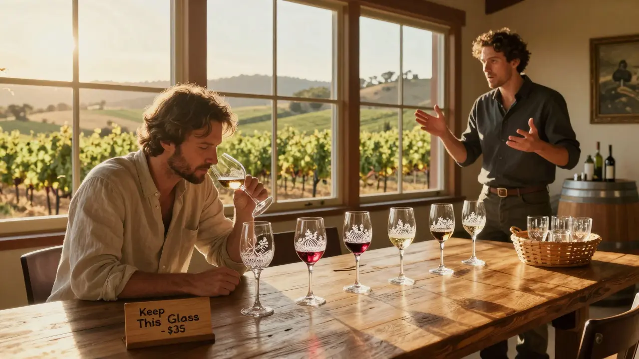 Sala de cata en viñedo de California con copas de cristal personalizadas y luz dorada sobre viñedos.