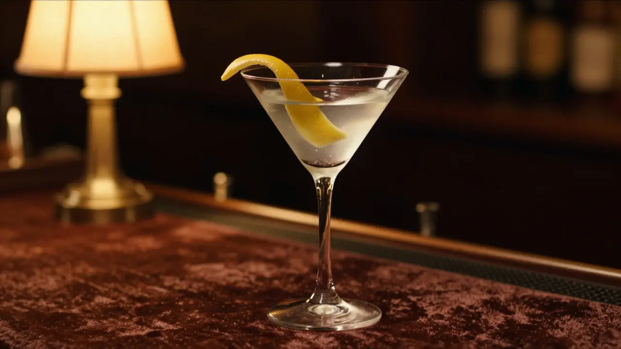 Vaso Martini con cóctel y rama de limón en bar clandestino vintage.